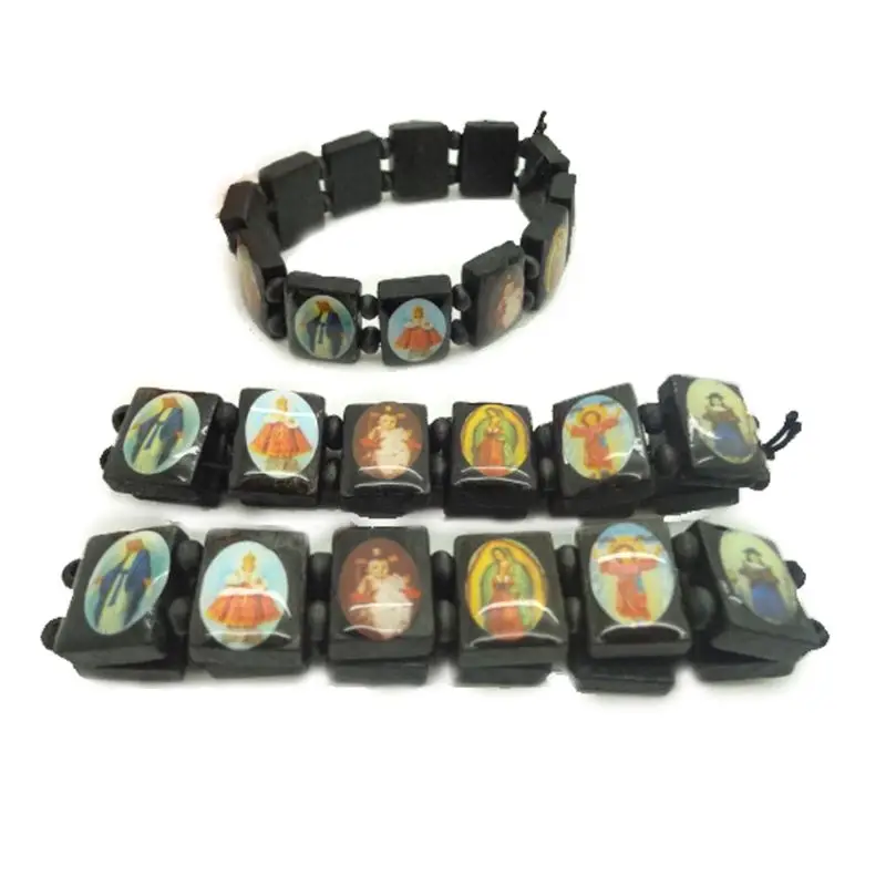4pc Catholic Jewelry Christian Supplies Wooden Icon Elastic Bead Bracelet Gift