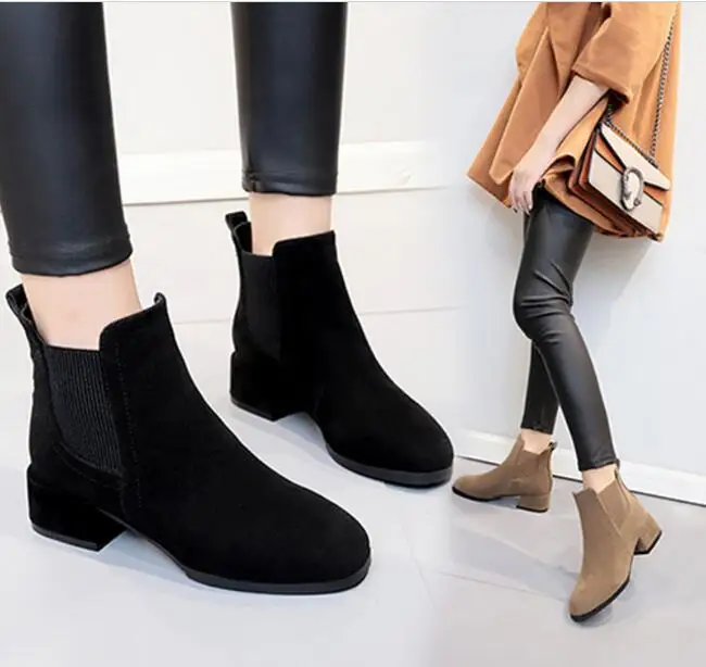 Новые осенне-зимние ботинки женские грубые модные черные ботильоны Дикий