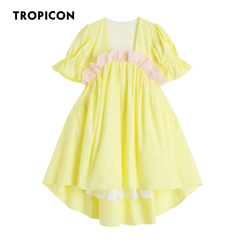 

TROPICON, желтое платье с пышными рукавами, лоскутное платье из органзы, корейская мода, с коротким рукавом, милый дизайн, летнее платье для женщин
