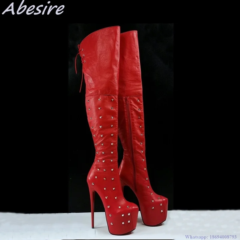 

Женские сапоги с заклепками Abesire, красные кожаные сапоги выше колена на скрытой платформе и каблуке-шпильке, со шнуровкой и молнией, Новинка