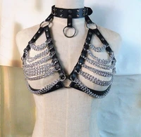 sexy women leather harness gothic punk rock chain lingerie body bondage straps harness bra chest waist belts fashion metal girl