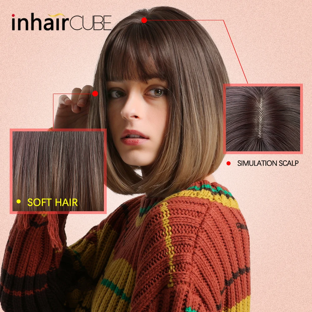 Inhair Cube 12 &quotБоб парики Выделите темно коричневый корень центр пробор волнистые
