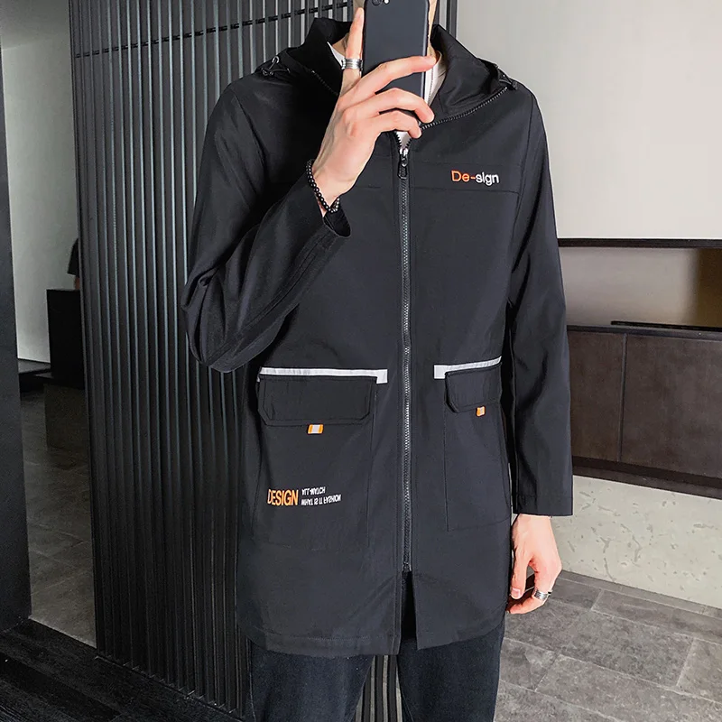 Ветровка мужская длинная Тренч с капюшоном тонкая бейсбольная куртка Бомбер