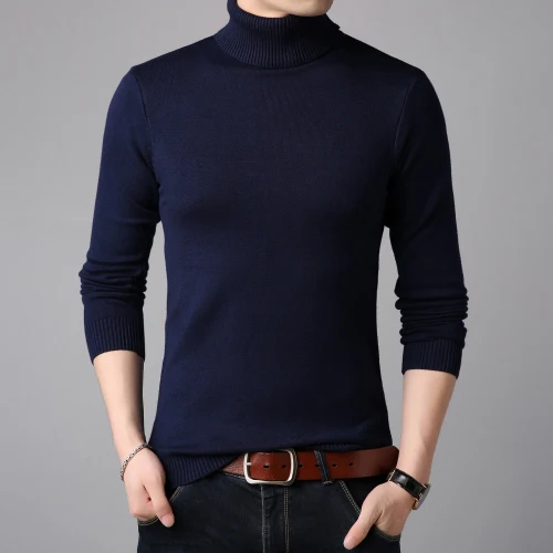 Navy blue Зимний толстый теплый мужской свитер с высоким горлом, мужские свитера с высоким воротником, облегающий пуловер, Мужская трикотажная одежда с двойным воротником - Цвет: Navy blue