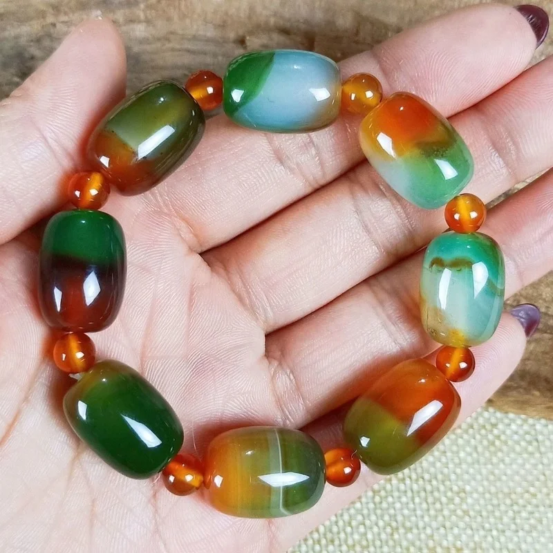 

Natural Rain Flower Stone Malachite Green Agate Barrel Bead Bracelet Rough Stone Men's and Women's All-match Bracelet