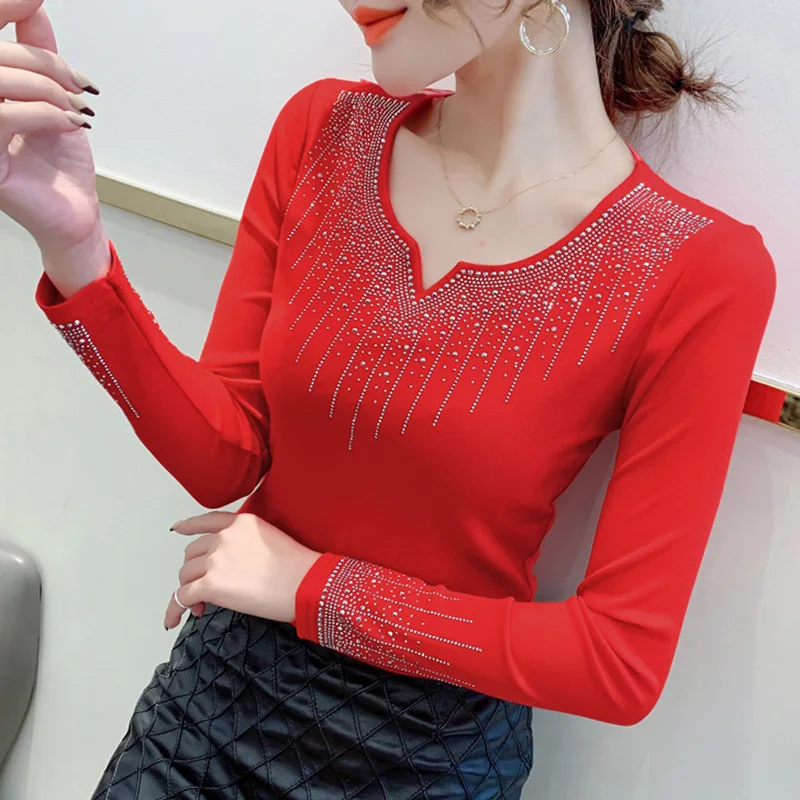 

New 2021 Spring Women's T-Shirt Fashion Casual Long Sleeve Mesh Tops and Shirt Hot Drilling Plus Size mujer camisetas