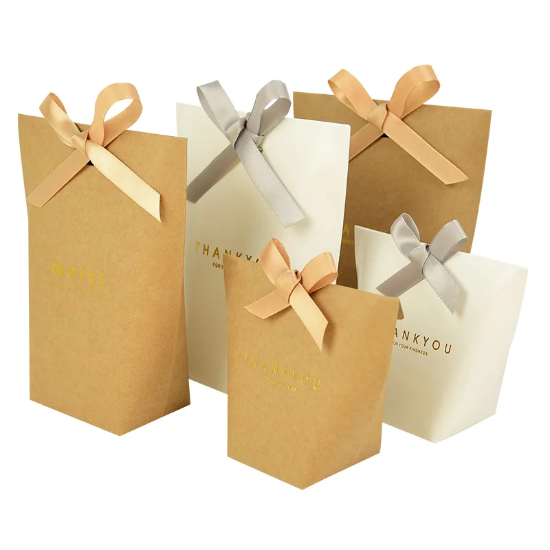 

5Pcs Thank You Merci Paper Bags Paper Boxes With Ribbon Gift Packaging Bags Candy Bag for Wedding Party Decorations Food Storage