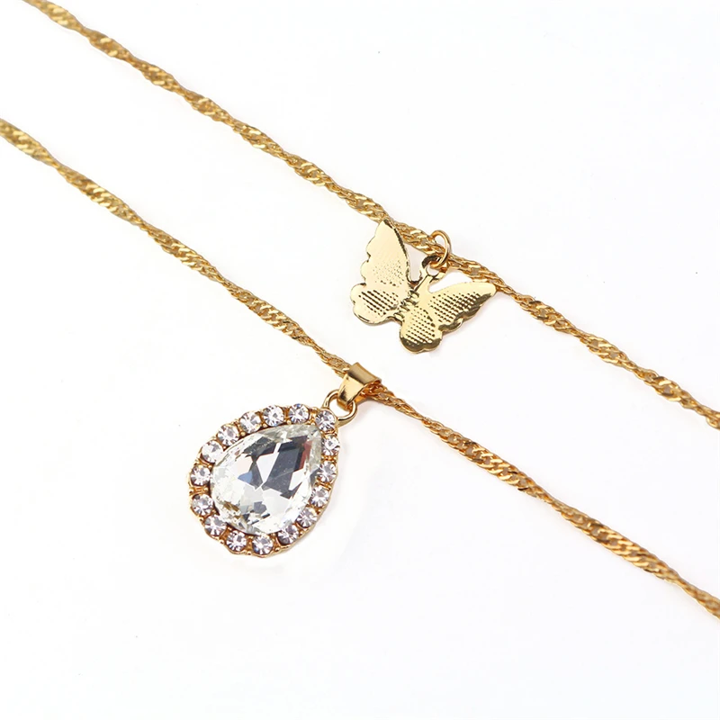 

Luokey Fashion Women Butterfly Choker Necklace Big Water Drop Crystal Pendant Necklace Charm Jewelry Simple Layer Collier Femme