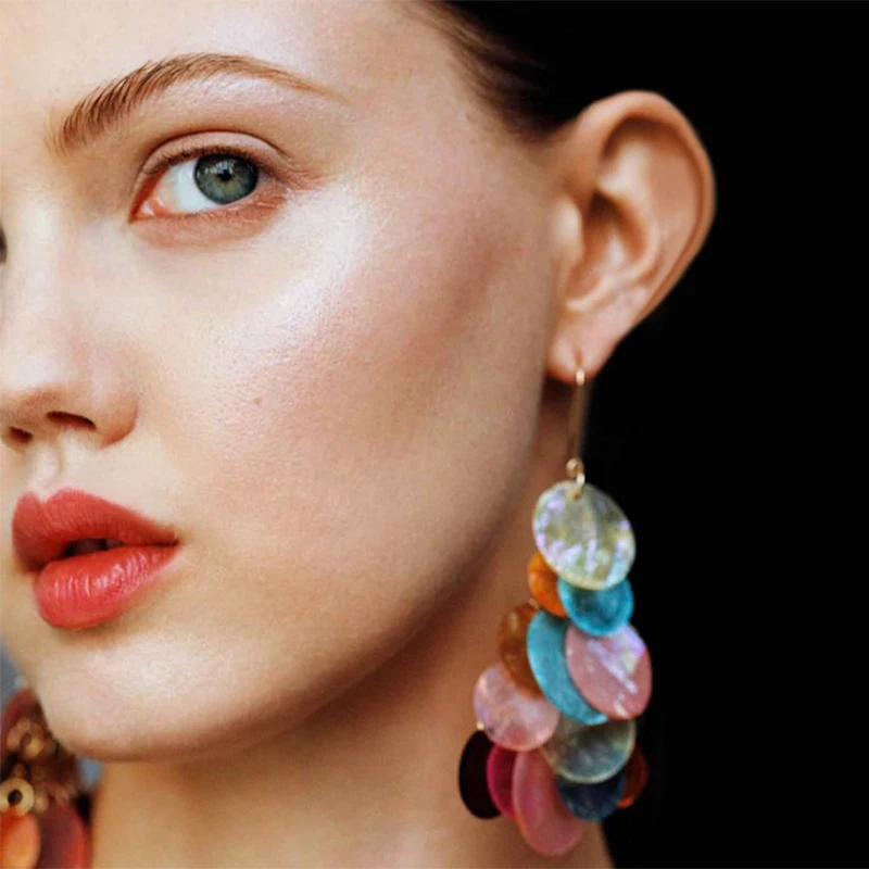 

1pair Luxury Personality Bright Round Drop Sequins Cluster Dangle Earrings colorful Fashion Earring for Women Bride Beach Jewelry