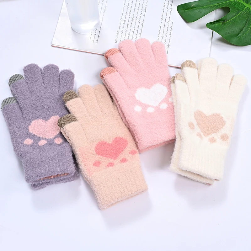 

Autumn Winter Women Touch Screen Cute Cat Paw Pattern Warm Split Finger Gloves with Fleece Outdoor Cold-Proof Full-Finger Gloves