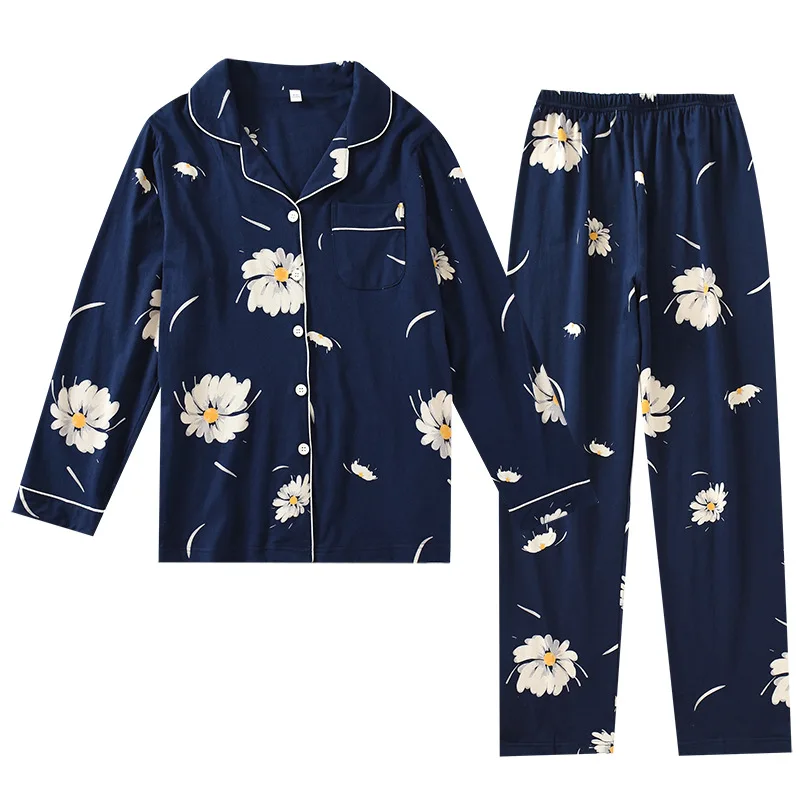 

Daisy Print 100% Cotton Pajamas Women Long Sleeve Homewear Suit 2021 Spring Autumn Two Piece Set Sleepwear Female Home Clothes
