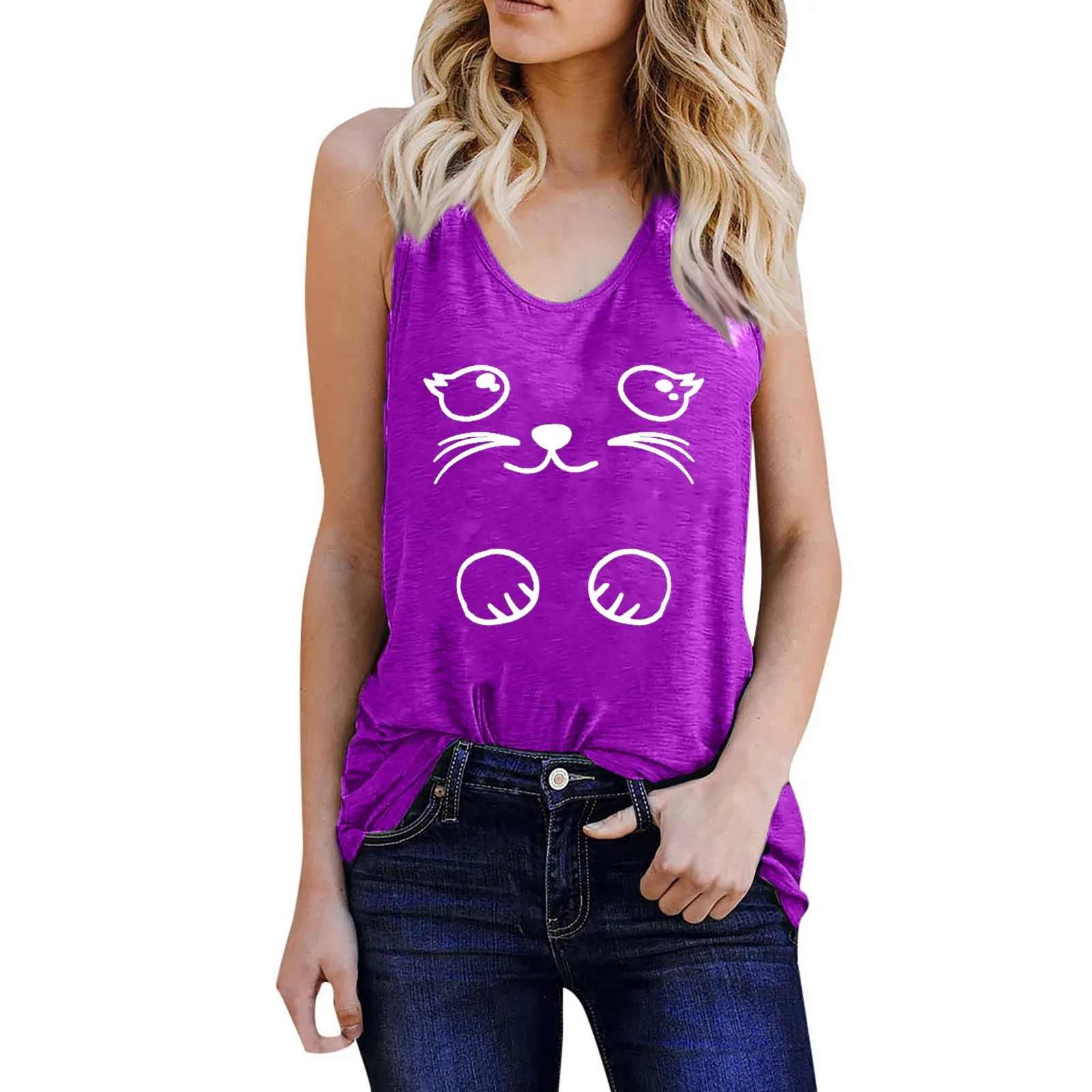 

Женская одежда, женский топ с милым принтом кошки, майки, повседневный жилет без рукавов с круглым вырезом, Женский Топ, 2021
