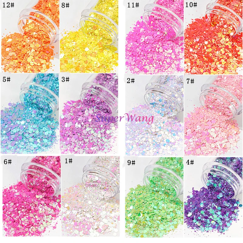 

500g 12Colors Wholesale Hexagon Mix Size Candy Color Eye Face Crafts Nail Art Bling Sequins Glitter Chunky Bulk Powder