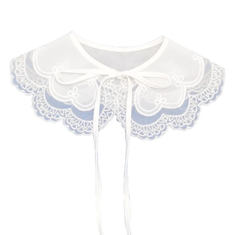 

Women Elegant Organza Chiffon Fake Collar Shawl Vintage Embroidery Lace Necklace Scalloped Trim Lace-Up Bowknot Mini Capelet