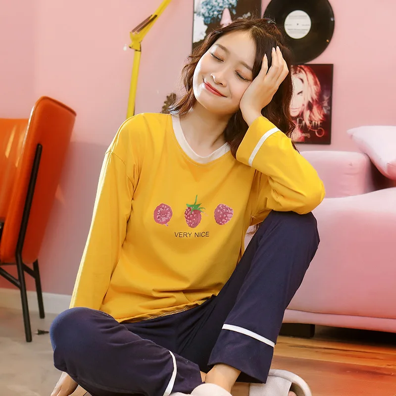 Осенняя женская пижама размера плюс 5XL комплект из хлопка с мультяшным принтом 2 предмета футболка круглым