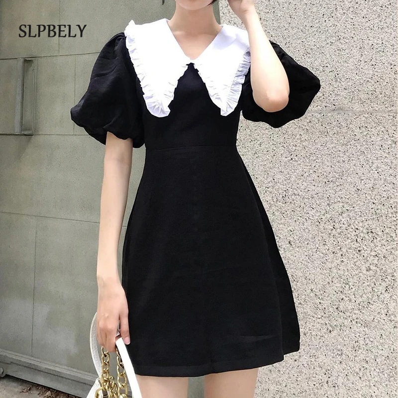 

SLPBELY Elegant Black Dress Summer French Sweet Doll Collar Puff Sleeve Casual Korean Vacation A Line Dress Vestido Sundress NEW