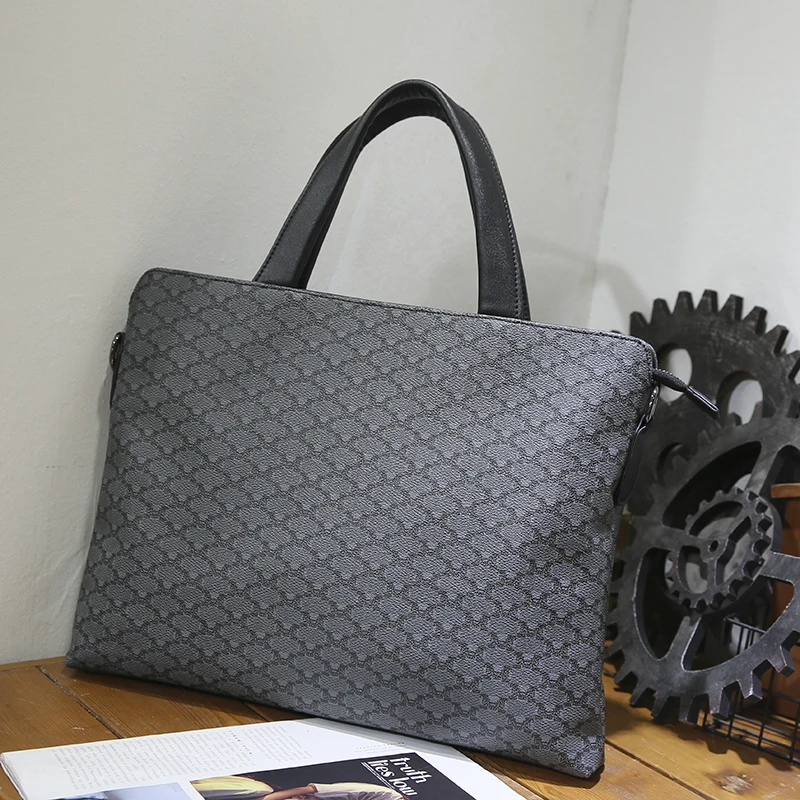 

Fashion Men's High Quality Pu Leather Single Shoulder Bag Checked Document Bag Business Travel Tote Briefcase Commuter