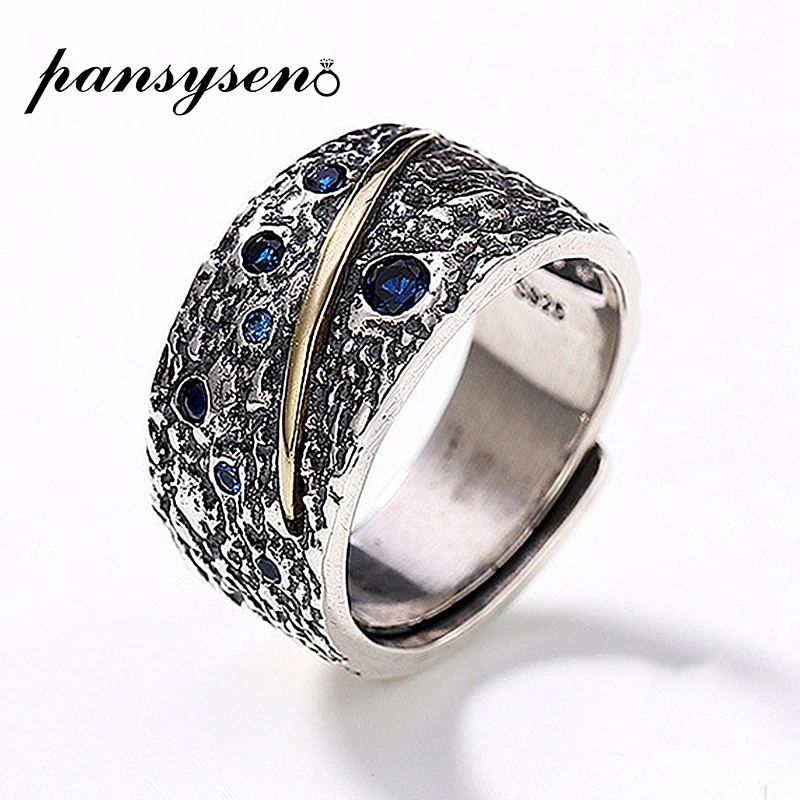 Мужские серебряные кольца PANSYSEN в винтажном стиле с голубым сапфиром|Кольца| |