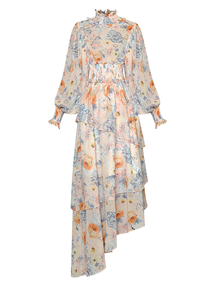 

Женское платье с воротником-стойкой, эластичное асимметричное платье с длинным рукавом-фонариком и цветочным принтом