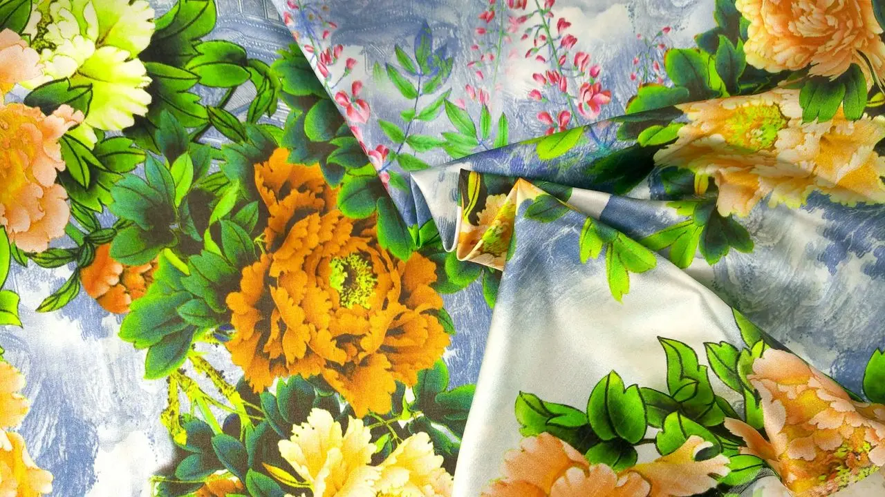 New Women 19mm Super Satin Woven Elastic Silk Fabric For Sewing Cloth Skirt Shirt Material Yellow Peony Print Discount | Дом и сад