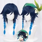 Genshin Impact Venti Косплей унисекс 50 см синий парик косплей аниме косплей коса Парики термостойкие синтетические парики + парик Кепка