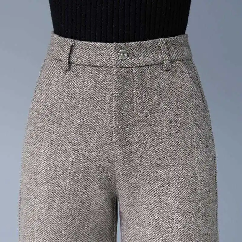 

Woolen Wide-leg Pants Women Autumn and Winter High Waist Drape New Female Casual Thick Loose Ground Straight Trousers HOWDFEO