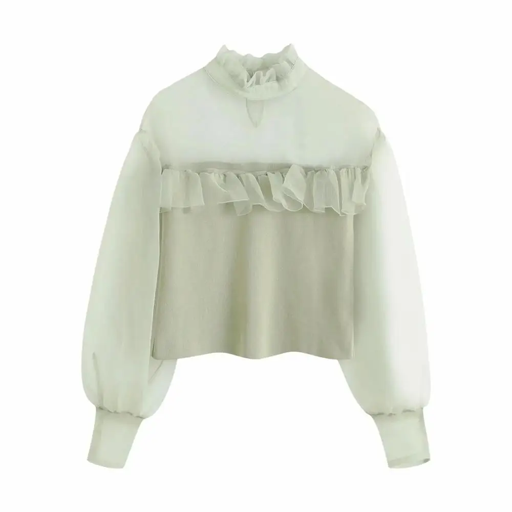 2020 Новый женский трикотажный топ из органзы с высокой горловиной и оборками