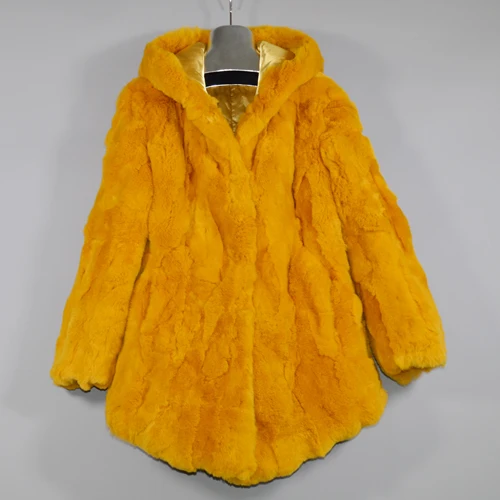 yellow Новинка, зимняя длинная стильная куртка из натурального меха Рекс, меховой капюшон, женская шуба из кролика Рекс, натуральный мех кролика Рекс, пальто с капюшоном - Color: yellow
