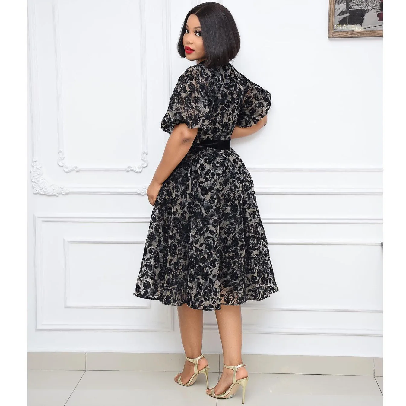 

Elegant Woman Dress Short Puff Sleeve High Waist Dress Printed Bow Lace Up Loose Vintage Mesh Dresses Wholesale Dropshipping