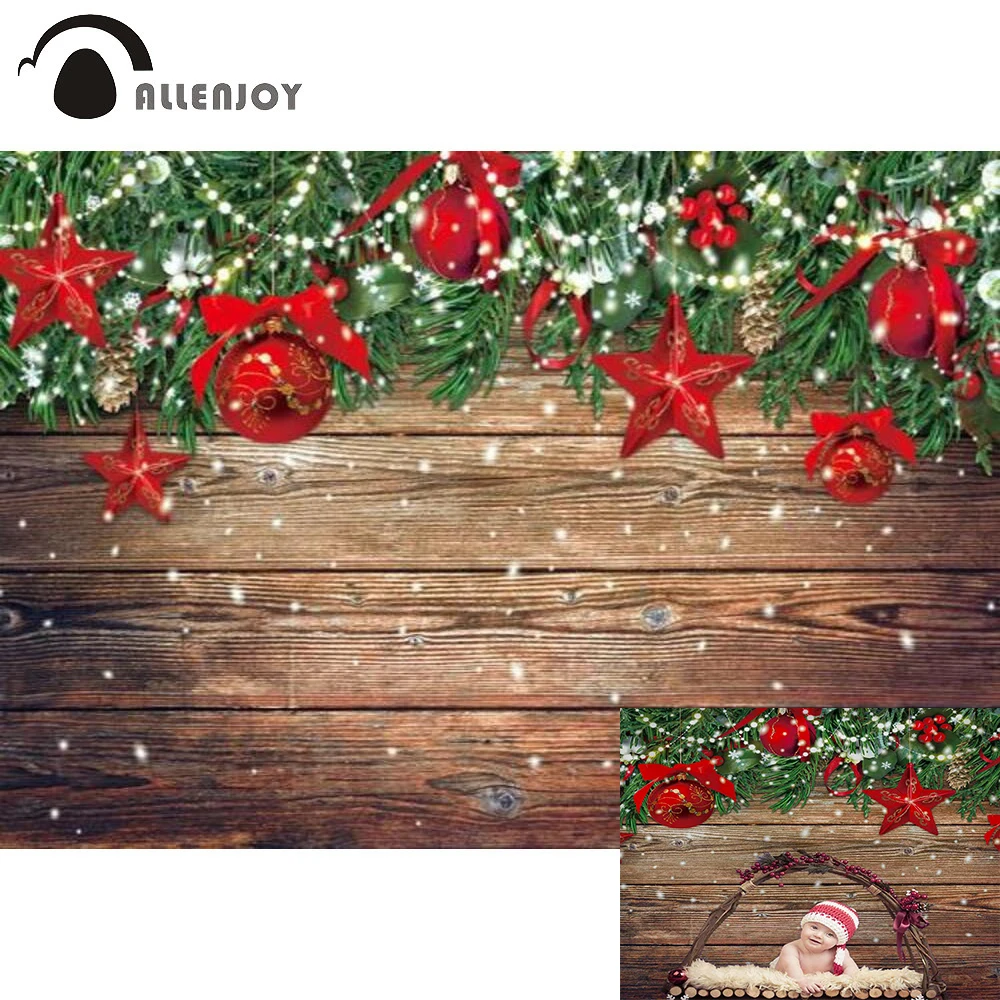 

Allenjoy Christmas Wood Background Winter Pine Tree Balls Lights Still Life Shooting Newborn Baby Shower Backdrop Photo Phone
