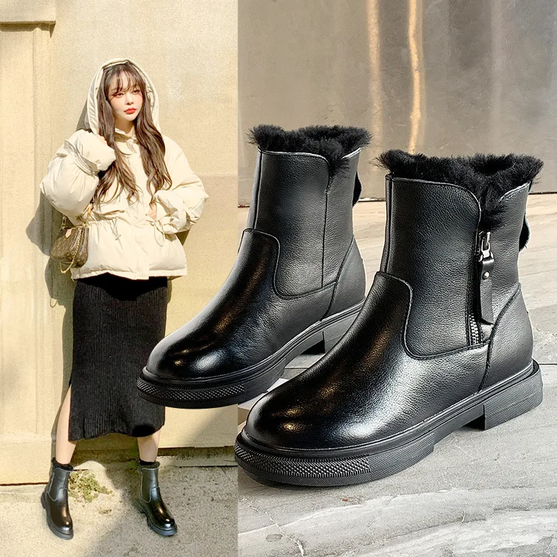 Zapatos de mujer; Новинка года; зимние кожаные женские хлопковые ботинки; шерстяные пинетки с боковой молнией; кожаные женские ботинки