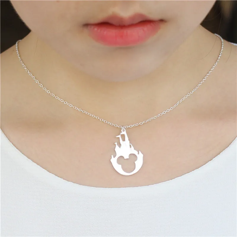 

30PCS Fairy Tale Castle Mickey Necklace Cartoon Building Animal Character Miki Mouse Ears Head Silhouette Necklaces for Kids