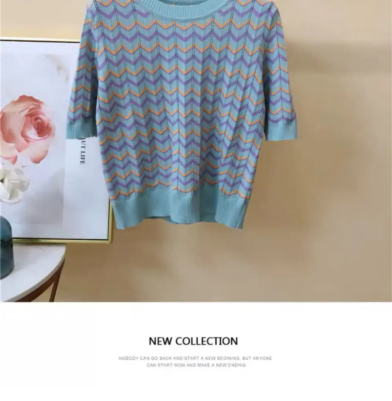Loose Thin Hollow Silk Sweater Female Round Neck Striped Frill Short Sleeve Knitted Bottoming Jumper Pullover Women Spring | Женская