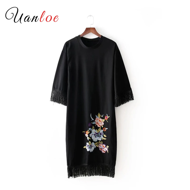 

Women Vintage Floral Embroidery Dress Tassels Long Sleeve Faldas Festa Casual Retro Chic Midi Dresses Vestidos