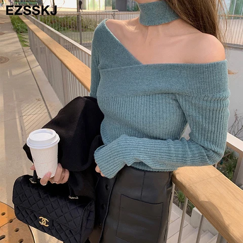 Женский свитер с длинным рукавом, облегающий пуловер с воротником-лодочкой, Осень-зима 2021