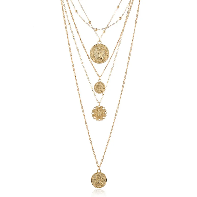 

Fashion Simple Gold Color Layered Necklace Women Coin Avatar Long Statement Temperament Pendant Necklace 2020