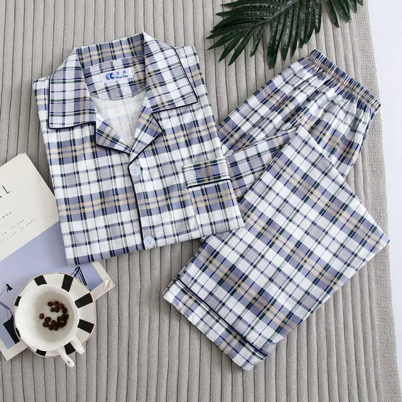 New Style Men's Pajamas Set Spring Autumn Warm Cotton Men Pajamas Sets Long Sleeve Sleepwear Top +Pant Leisure Wear Cloth Plaid