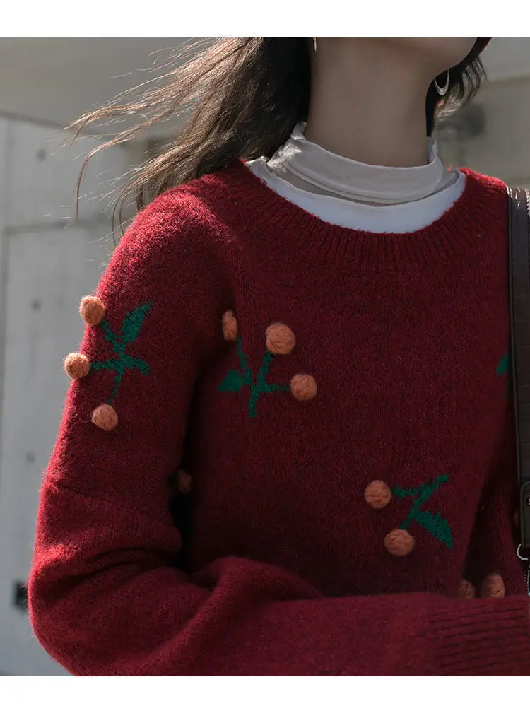 

Fashion Japanese Style Lady's Sweater Knitted Solid Color Cherry Sweater Autumn Winter Loose Warmth And Thick Cute Pullover Top