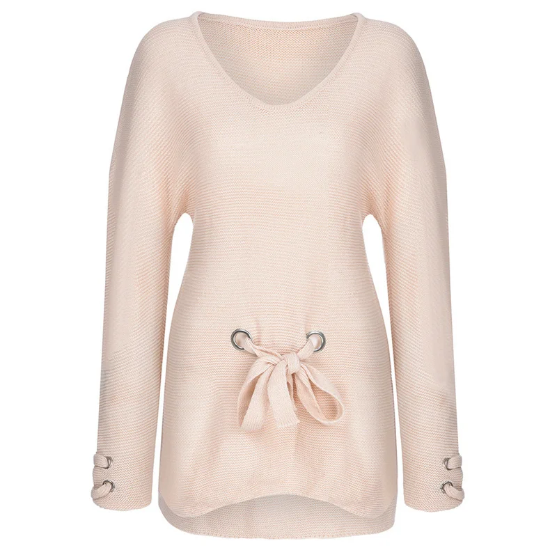 Pink Женский свитер с поясом Женский Пуловер Свободный без бретелек длинный рукав свитер трикотажное платье на шнуровке одежда-накидка - Цвет: Pink