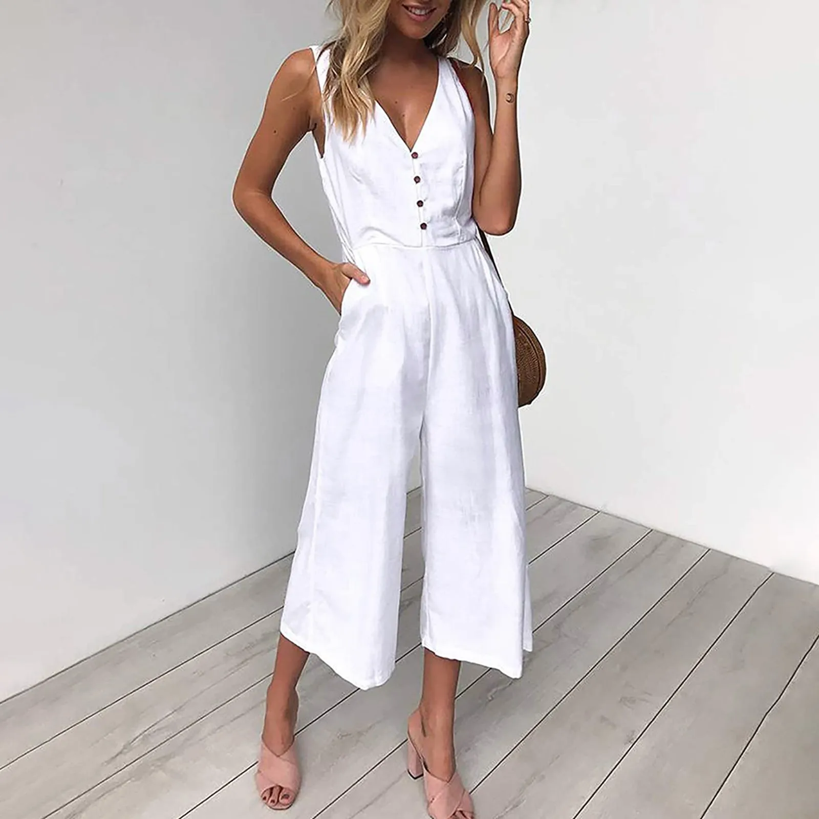 

Women's Jumpsuits Summer Casual Sleeveless Button Deep V Neck High Waist Wide Leg Jumpsuit Rompers Ladies Summer Loose Romper #Q
