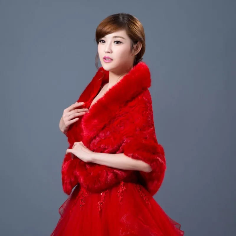Зимняя теплая верхняя одежда из искусственного меха для невесты красная белая