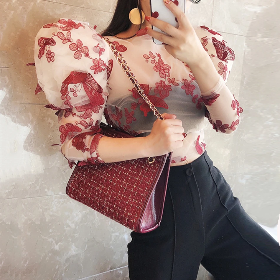 

Casual butterfly embroidered Women's blouses round neck long sleeve slim fit shirts Female Fashion 2021 Clothing Tide