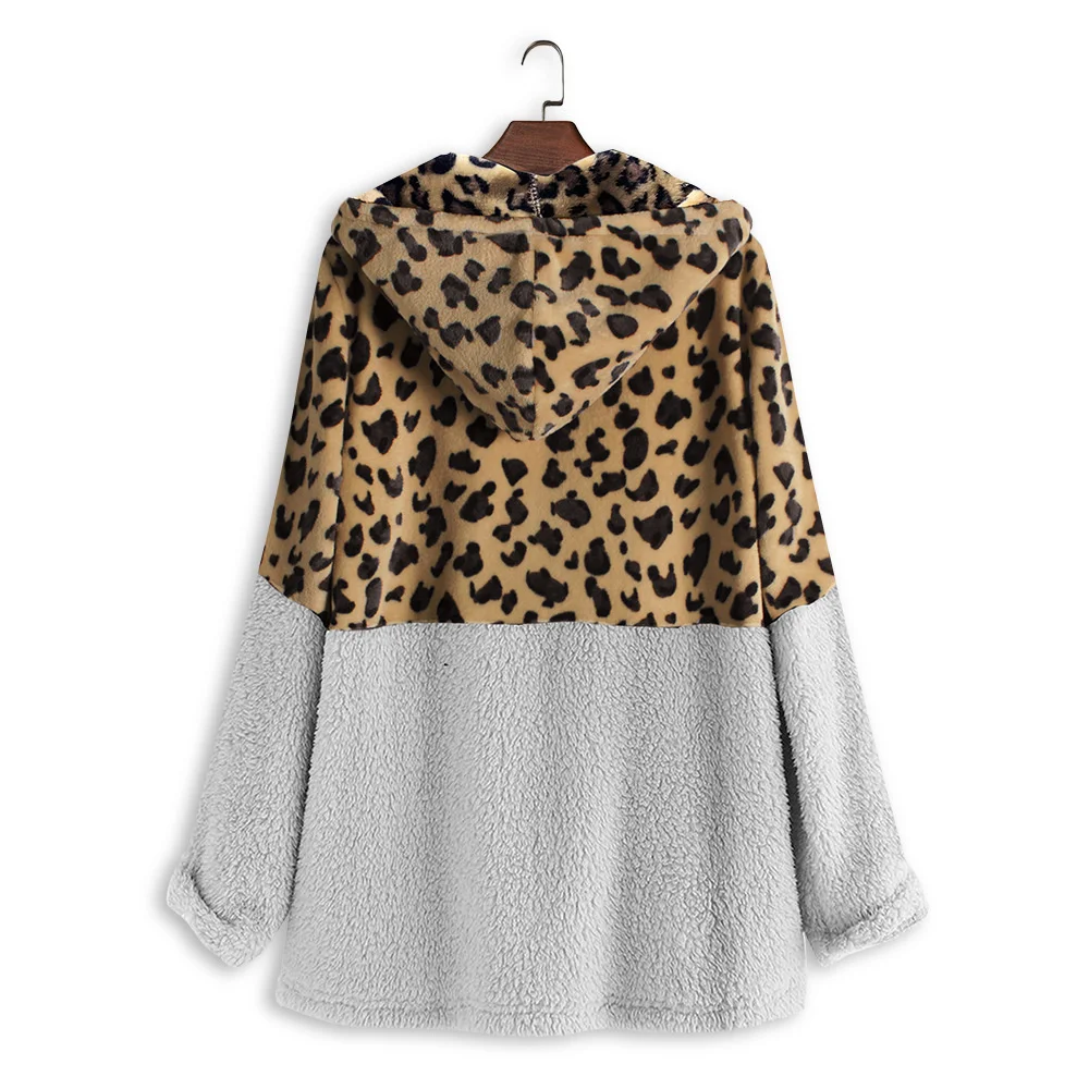 

Hooded Zipper Jacket Leopard Print Double-sided Fleece Women's Loose Stitched Plush Blouse Fashion All-match Qm*
