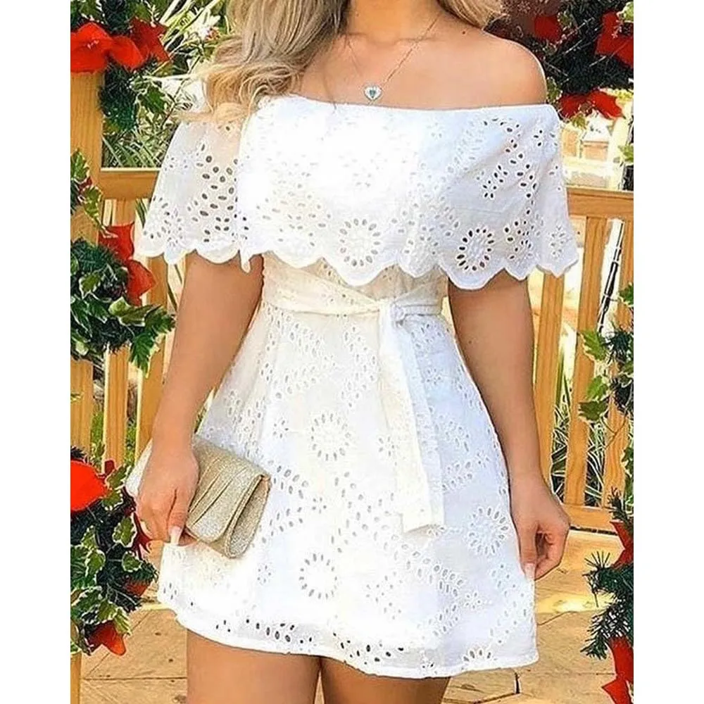 

Mini Short Dress Women White Solid Off Shoulder Sashes Hollow Out Lace Vestidos Skinny Elegant Female Streetwear Bodycon Summer