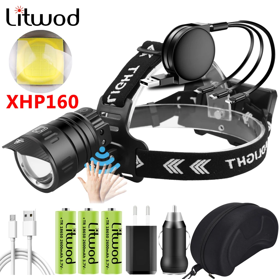 XHP160 1000000lm Сенсор светодиодные фары Powerbank Head Lamp 3 шт. 18650 лампочки с аккумулятором