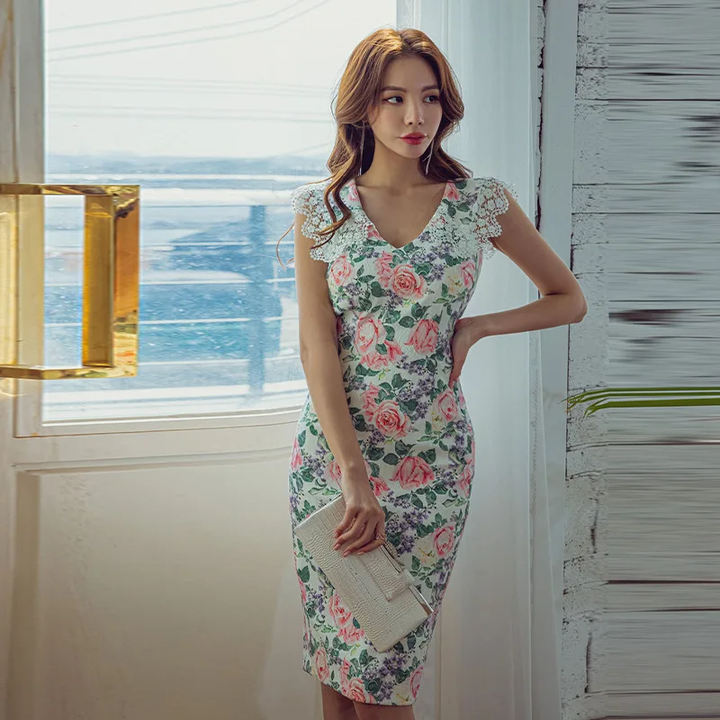 

Summer Dresses Print Floral Vintage Elegant Bandage Bodycon Lace Women Dress Evening Korean Clothes Sexy Party Wrap Sundress