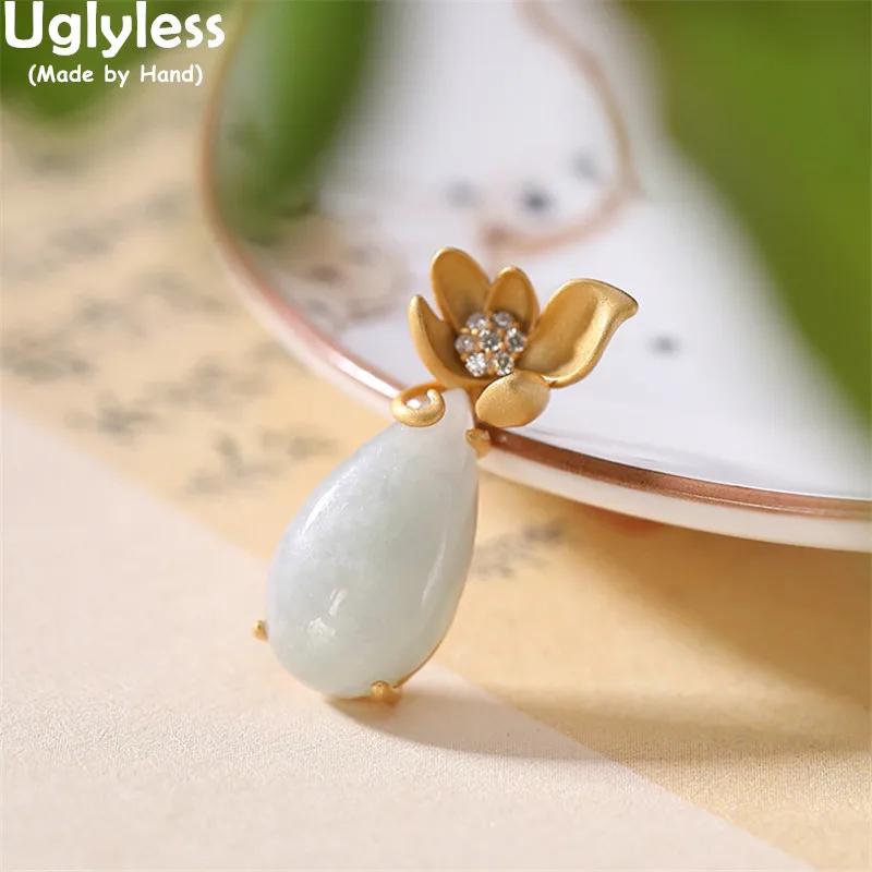 

Uglyless Crystals Stamen Blooming Flower Necklaces for Women Water Drop Emerald Pendants NO Chain Real 925 Silver Ethnic Jewelry