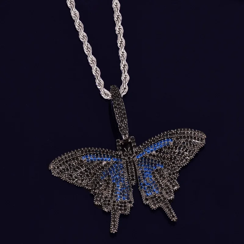 blue (silver chain) Животное Бабочка ожерелье с подвеской 4 мм теннисная цепь и кубинская цепь Золотой Серебряный кубический цирконий мужские Хип Хоп рок ювелирные изделия - Окраска металла: blue (silver chain)