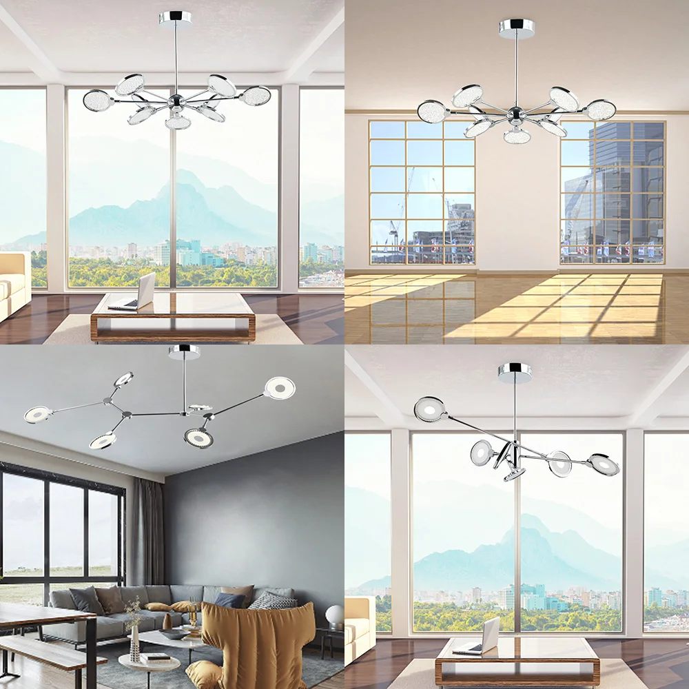 

360 degree rotation round chandelier Decor Home Lighting Silver chandelier 6/9 heads Led Lamp for Living Room Iron Fixtures