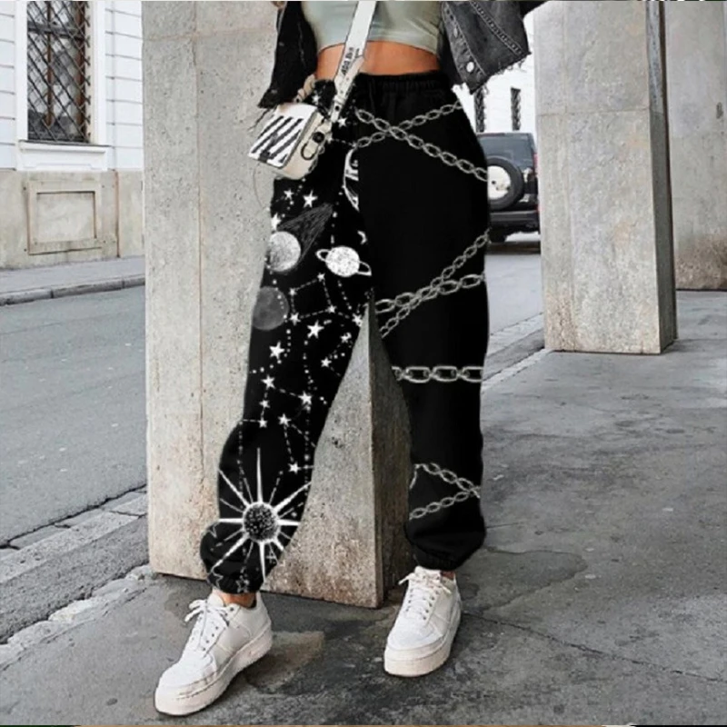 

Fashion Women Pattern Print Patchwork Pants Autumn 2021 Elastic Waist Pocket Harajuku Sport Pants Casual Streetwear Sweatpant